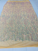 Damask Decor Sequins - Iridescent Clear Pink - 4 Way Stretch Design High Quality Fabric On Mesh