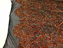 Orange Iridescent Sequin, 4 Way Stretch Damask Design Fabric On Stretch Mesh By The Yard