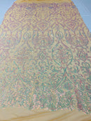 Damask Decor Sequins - Iridescent Clear Pink - 4 Way Stretch Design High Quality Fabric On Mesh