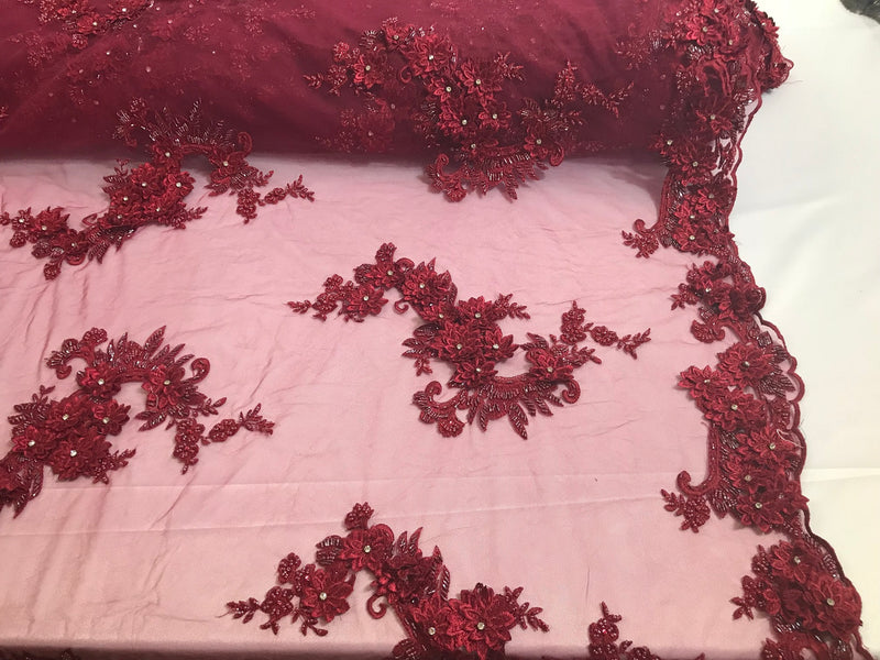 Floral - Burgundy - 3D Beaded Embroidery Fabric with Rhinestones - Beautiful Design by The Yard