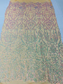 Damask Decor Sequins - Iridescent Clear Pink - 4 Way Stretch Design High Quality Fabric On Mesh