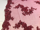 Floral - Burgundy - 3D Beaded Embroidery Fabric with Rhinestones - Beautiful Design by The Yard