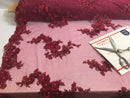 Floral - Burgundy - 3D Beaded Embroidery Fabric with Rhinestones - Beautiful Design by The Yard