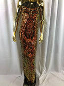 Orange Iridescent Sequin, 4 Way Stretch Damask Design Fabric On Stretch Mesh By The Yard