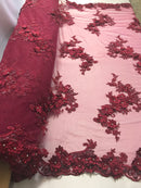 Floral - Burgundy - 3D Beaded Embroidery Fabric with Rhinestones - Beautiful Design by The Yard