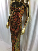 Orange Iridescent Sequin, 4 Way Stretch Damask Design Fabric On Stretch Mesh By The Yard