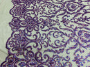 Damask Decor Sequins - Holographic Purple - 4 Way Stretch Design High Quality Fabric On Mesh