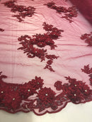 Floral - Burgundy - 3D Beaded Embroidery Fabric with Rhinestones - Beautiful Design by The Yard