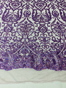 Damask Decor Sequins - Holographic Purple - 4 Way Stretch Design High Quality Fabric On Mesh
