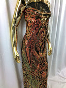 Orange Iridescent Sequin, 4 Way Stretch Damask Design Fabric On Stretch Mesh By The Yard