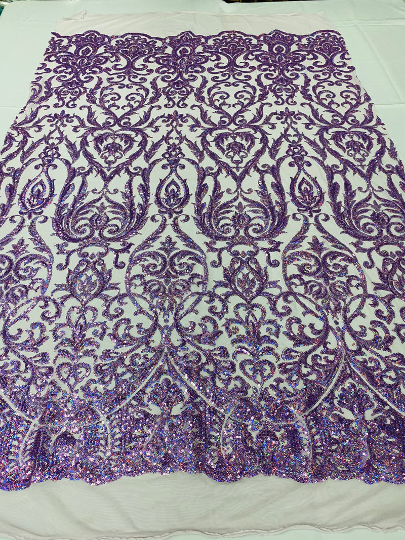 Damask Decor Sequins - Holographic Purple - 4 Way Stretch Design High Quality Fabric On Mesh