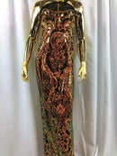 Orange Iridescent Sequin, 4 Way Stretch Damask Design Fabric On Stretch Mesh By The Yard