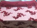 Floral - Burgundy - 3D Beaded Embroidery Fabric with Rhinestones - Beautiful Design by The Yard