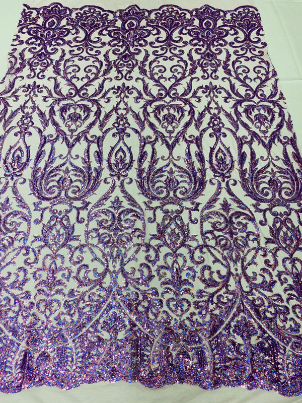 Damask Decor Sequins - Holographic Purple - 4 Way Stretch Design High Quality Fabric On Mesh