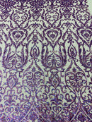 Damask Decor Sequins - Holographic Purple - 4 Way Stretch Design High Quality Fabric On Mesh
