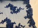 Floral - Royal Blue - 3D Beaded Embroidery Fabric with Rhinestones - Beautiful Design by The Yard
