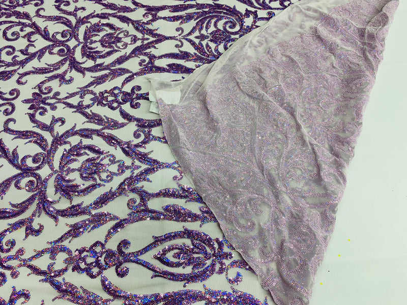 Damask Decor Sequins - Holographic Purple - 4 Way Stretch Design High Quality Fabric On Mesh