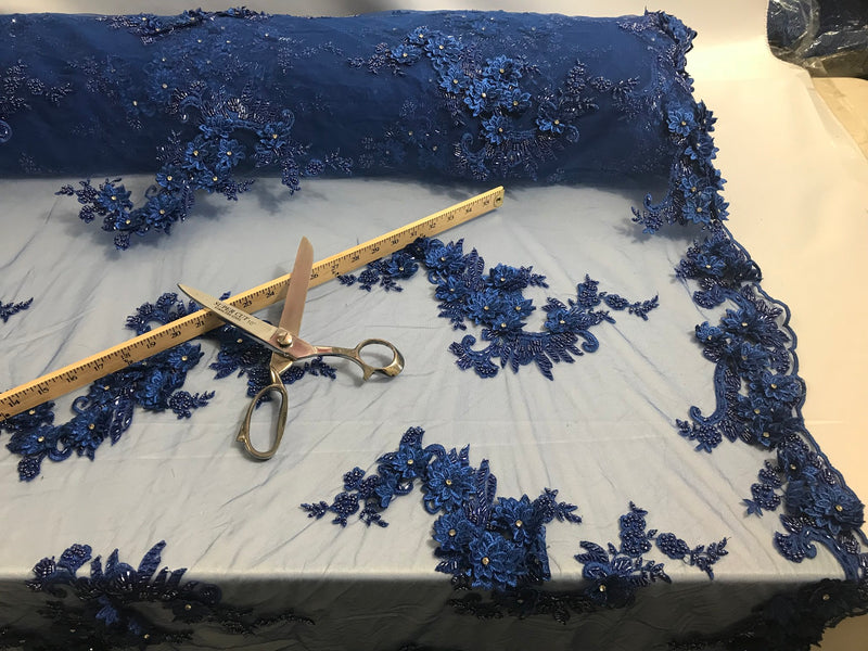 Floral - Royal Blue - 3D Beaded Embroidery Fabric with Rhinestones - Beautiful Design by The Yard