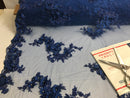 Floral - Royal Blue - 3D Beaded Embroidery Fabric with Rhinestones - Beautiful Design by The Yard
