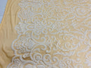 Damask Decor Sequins - White on Nude Mesh - 4 Way Stretch Design High Quality Fabric On Mesh