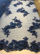 Floral - Royal Blue - 3D Beaded Embroidery Fabric with Rhinestones - Beautiful Design by The Yard