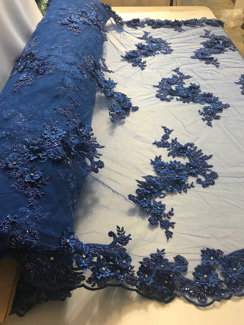 Floral - Royal Blue - 3D Beaded Embroidery Fabric with Rhinestones - Beautiful Design by The Yard