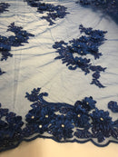Floral - Royal Blue - 3D Beaded Embroidery Fabric with Rhinestones - Beautiful Design by The Yard