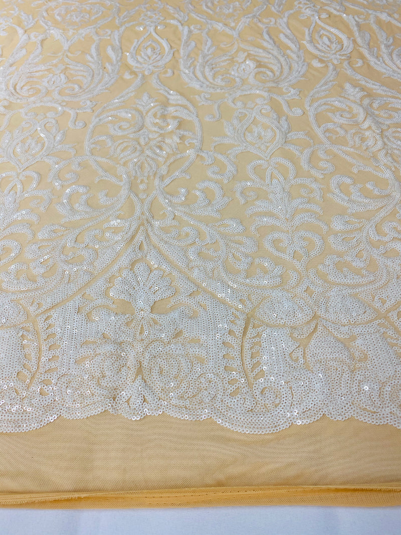 Damask Decor Sequins - White on Nude Mesh - 4 Way Stretch Design High Quality Fabric On Mesh