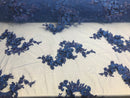 Floral - Royal Blue - 3D Beaded Embroidery Fabric with Rhinestones - Beautiful Design by The Yard
