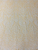 Damask Decor Sequins - White on Nude Mesh - 4 Way Stretch Design High Quality Fabric On Mesh