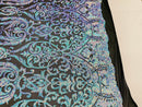 Damask Decor Sequins - Sky Blue on Black Mesh - 4 Way Stretch Design High Quality Fabric