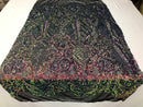 Rainbow Iridescent Sequin, 4 Way Stretch Damask Design Fabric On Stretch Mesh By The Yard