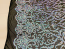Damask Decor Sequins - Sky Blue on Black Mesh - 4 Way Stretch Design High Quality Fabric