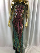 Rainbow Iridescent Sequin, 4 Way Stretch Damask Design Fabric On Stretch Mesh By The Yard