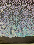 Damask Decor Sequins - Sky Blue on Black Mesh - 4 Way Stretch Design High Quality Fabric