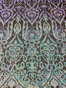Damask Decor Sequins - Sky Blue on Black Mesh - 4 Way Stretch Design High Quality Fabric