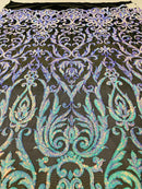 Damask Decor Sequins - Sky Blue on Black Mesh - 4 Way Stretch Design High Quality Fabric