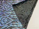 Damask Decor Sequins - Sky Blue on Black Mesh - 4 Way Stretch Design High Quality Fabric