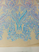Big Damask Sequins Fabric - Iridescent Aqua - 4 Way Stretch Damask Sequins Design Fabric By Yard