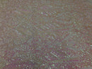 Iridescent Pink Sequin, 4 Way Stretch Damask Design Fabric On Stretch Mesh By The Yard
