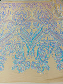 Big Damask Sequins Fabric - Iridescent Aqua - 4 Way Stretch Damask Sequins Design Fabric By Yard