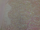 Iridescent Pink Sequin, 4 Way Stretch Damask Design Fabric On Stretch Mesh By The Yard