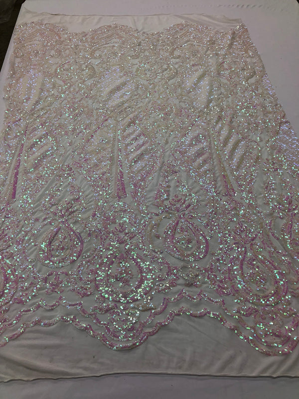 Iridescent Pink Sequin, 4 Way Stretch Damask Design Fabric On Stretch Mesh By The Yard