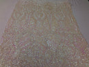Iridescent Pink Sequin, 4 Way Stretch Damask Design Fabric On Stretch Mesh By The Yard