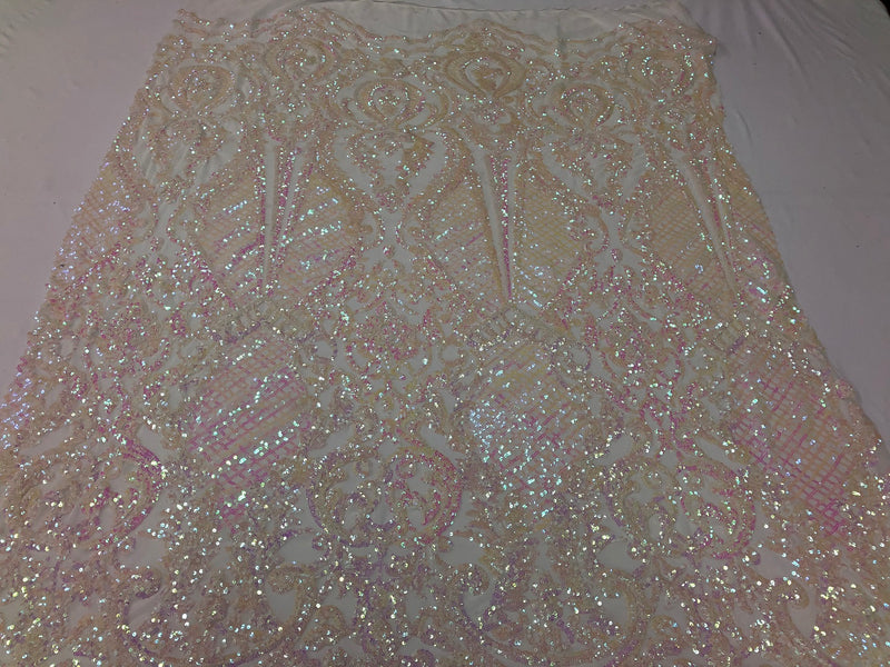 Iridescent Pink Sequin, 4 Way Stretch Damask Design Fabric On Stretch Mesh By The Yard