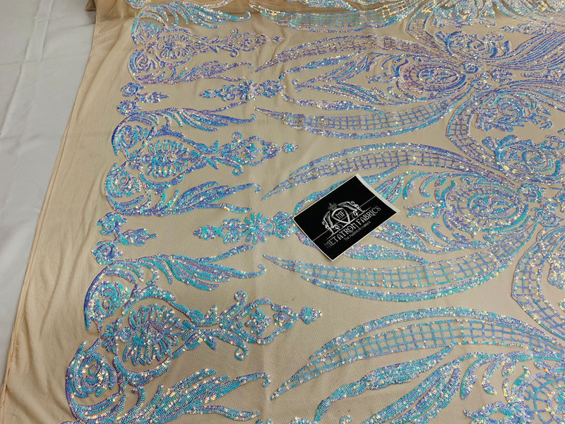 Big Damask Sequins Fabric - Iridescent Aqua - 4 Way Stretch Damask Sequins Design Fabric By Yard