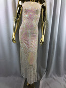 Iridescent Pink Sequin, 4 Way Stretch Damask Design Fabric On Stretch Mesh By The Yard