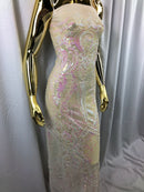 Iridescent Pink Sequin, 4 Way Stretch Damask Design Fabric On Stretch Mesh By The Yard