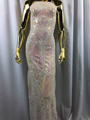 Iridescent Pink Sequin, 4 Way Stretch Damask Design Fabric On Stretch Mesh By The Yard