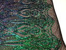 Iridescent Green Sequin, 4 Way Stretch Damask Design Fabric On Black Stretch Mesh By The Yard